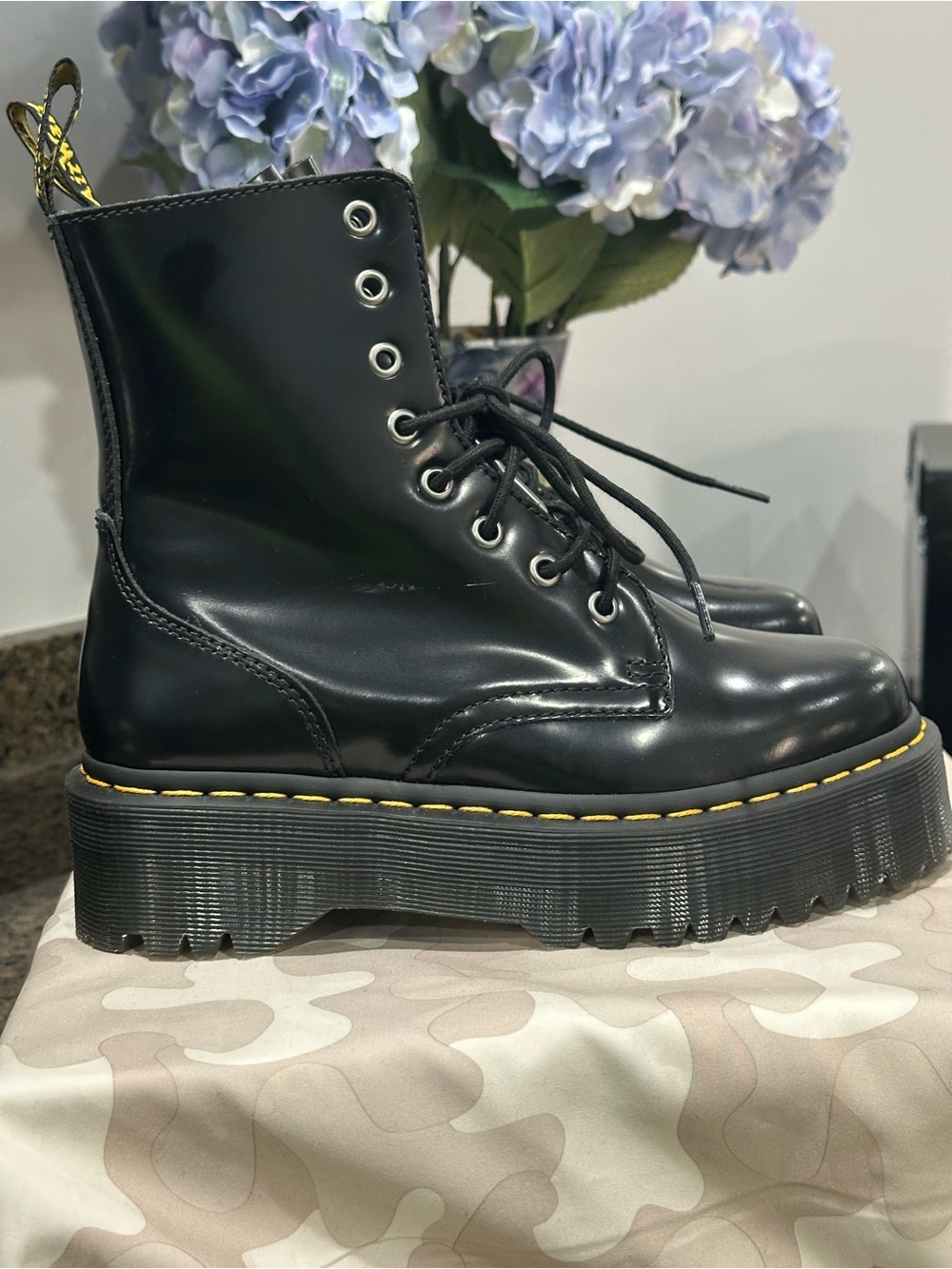 Dr. Martens Black Leather Platform Lace-Up Boots with Yellow Stitching